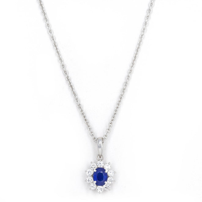 0.68 Carat Oval Natural Sapphire Diamond Halo Pendant Necklace - Queen May