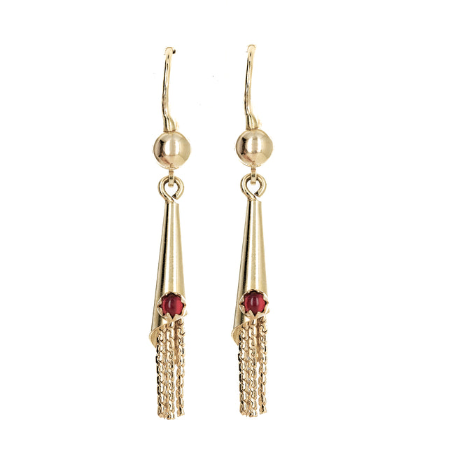 Retro 14K Yellow Gold Red Glass Fringe Drop Earrings - Queen May
