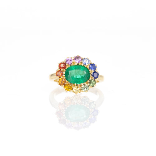 18K Yellow Gold 1.92 Carat Emerald Multi-Color Sapphire Halo Ring - Queen May