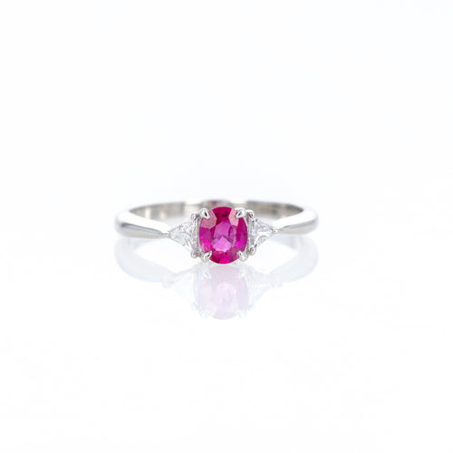 Platinum 0.57 Oval Ruby Trillion Diamond Three Stone Ring - Queen May