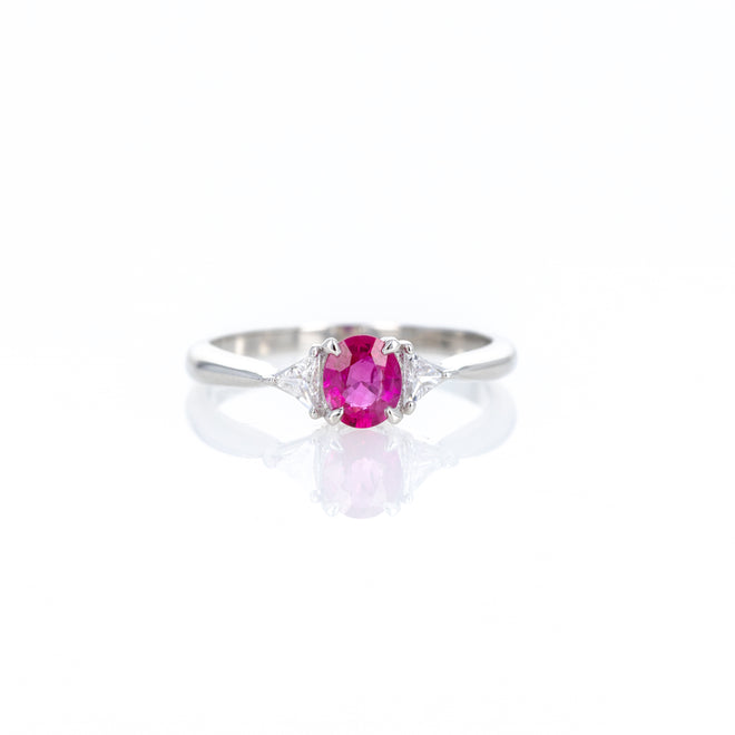 Platinum 0.57 Oval Ruby Trillion Diamond Three Stone Ring - Queen May