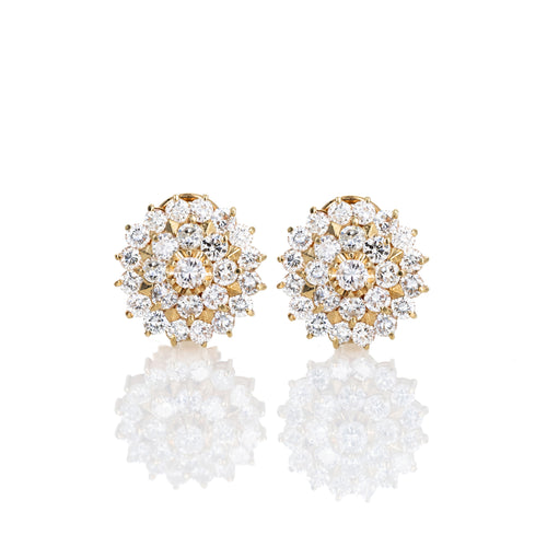 18K Yellow Gold 3.5 Carat Round Diamond Cluster Earrings - Queen May