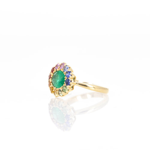 18K Yellow Gold 1.92 Carat Emerald Multi-Color Sapphire Halo Ring - Queen May