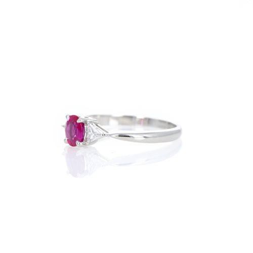 Platinum 0.57 Oval Ruby Trillion Diamond Three Stone Ring - Queen May