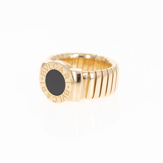 Bvlgari 18K Yellow Gold Tubogas Onyx Ring - Queen May