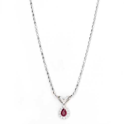 1.53 Carat Pear ''Pigeon's Blood'' Natural Ruby Diamond Halo Pendant Necklace - Queen May