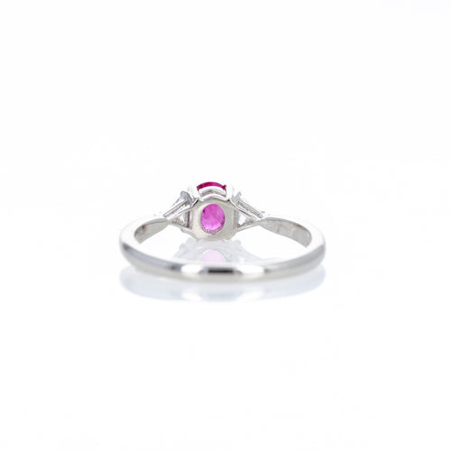 Platinum 0.57 Oval Ruby Trillion Diamond Three Stone Ring - Queen May