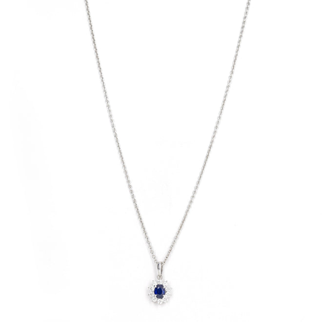 0.68 Carat Oval Natural Sapphire Diamond Halo Pendant Necklace - Queen May