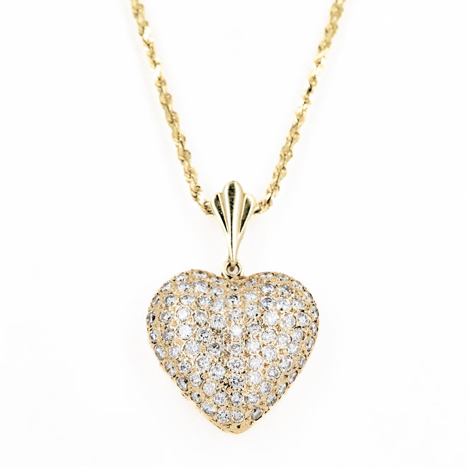 14K Yellow Gold 2 Carat Diamond Pave Heart Pendant Necklace - Queen May