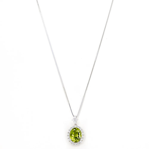 Platinum 5.10 Carat Peridot Diamond Halo Pendant Necklace - Queen May