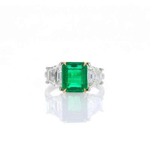 3.55 Carat Natural Zambian Emerald & Trapezoid Diamond Three Stone Ring - Queen May