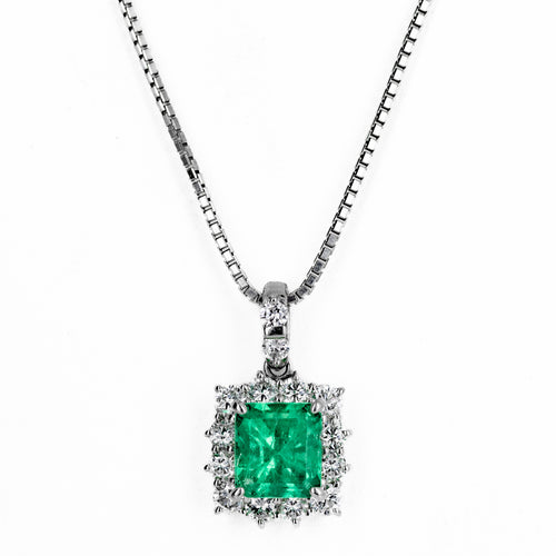 1.55 Carat Natural Emerald Diamond Halo Pendant Necklace - Queen May