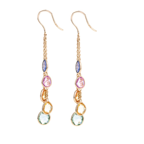 14K Yellow Gold Multi-Color Sapphire Bezel Chain Drop Earrings - Queen May