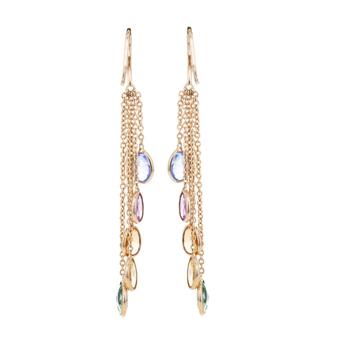 14K Yellow Gold Multi-Color Sapphire Bezel Chain Drop Earrings - Queen May