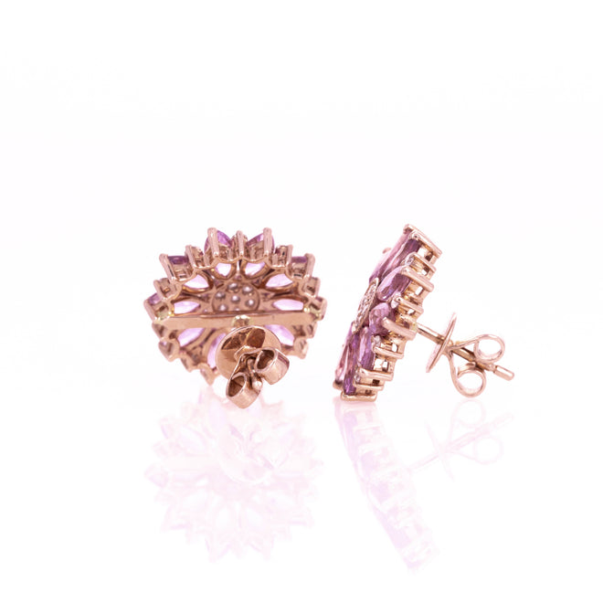 14K Rose Gold Marquise Pink Sapphire Diamond Flower Stud Earrings - Queen May