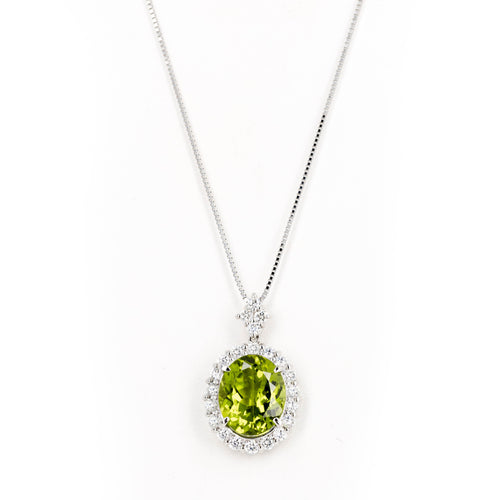 Platinum 5.10 Carat Peridot Diamond Halo Pendant Necklace - Queen May