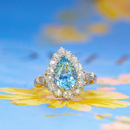 Art Deco Inspired 1.11 Carat Pear Aquamarine Diamond Halo Ring - Queen May
