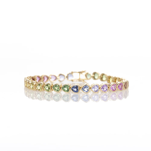 18K Yellow Gold 14.12 Carat Heart Shape Multi-Color Sapphire Bezel Bracelet - Queen May