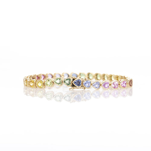 18K Yellow Gold 14.12 Carat Heart Shape Multi-Color Sapphire Bezel Bracelet - Queen May