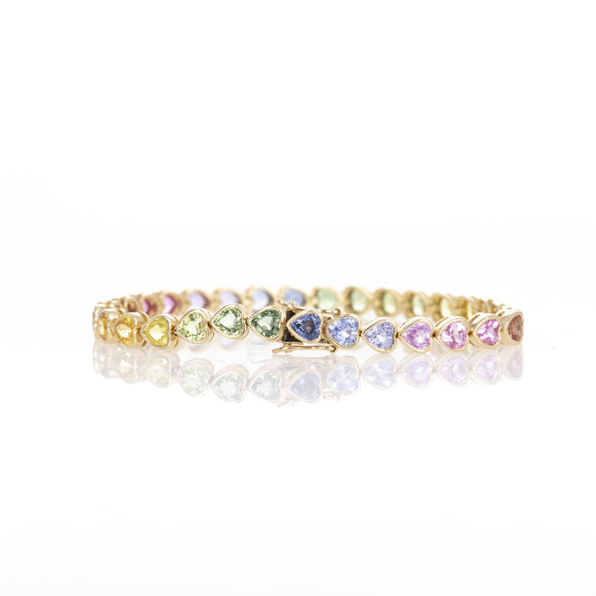 18K Yellow Gold 14.12 Carat Heart Shape Multi-Color Sapphire Bezel Bracelet - Queen May
