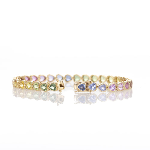 18K Yellow Gold 14.12 Carat Heart Shape Multi-Color Sapphire Bezel Bracelet - Queen May