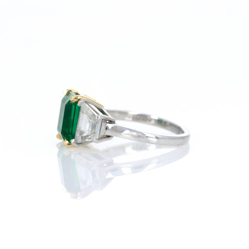 3.55 Carat Natural Zambian Emerald & Trapezoid Diamond Three Stone Ring - Queen May