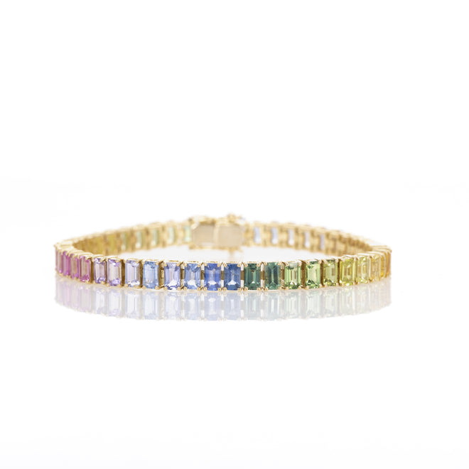 18K Yellow Gold 16.86 Carat Emerald Cut Multi-Color Sapphire Tennis Bracelet - Queen May