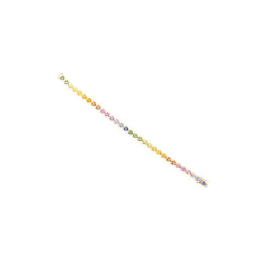 18K Yellow Gold 14.12 Carat Heart Shape Multi-Color Sapphire Bezel Bracelet - Queen May