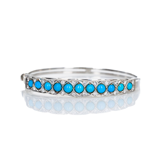 14K White Gold Cabochon Turquoise Diamond Bangle - Queen May