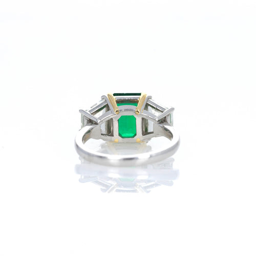 3.55 Carat Natural Zambian Emerald & Trapezoid Diamond Three Stone Ring - Queen May
