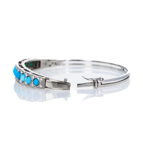 14K White Gold Cabochon Turquoise Diamond Bangle - Queen May