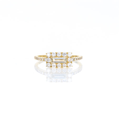 18K Yellow Gold 0.35 Carat Baguette Diamond East-West Halo Ring - Queen May