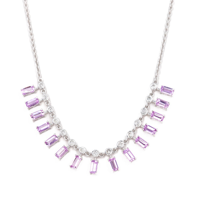 18K White Gold Baguette Pink Sapphire Diamond Fringe Necklace - Queen May