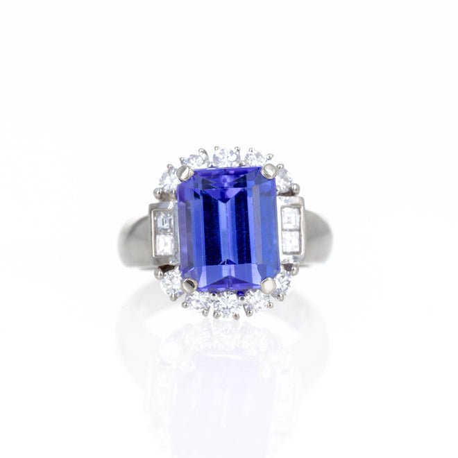 18K White Gold 6.48 Carat Tanzanite Diamond Halo Ring - Queen May