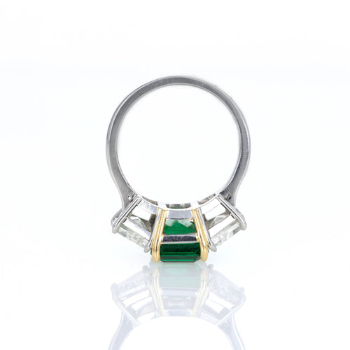 3.55 Carat Natural Zambian Emerald & Trapezoid Diamond Three Stone Ring - Queen May