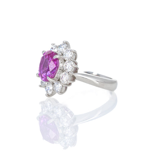 Platinum 3.21 Carat Oval Pink Sapphire Diamond Halo Ring - Queen May