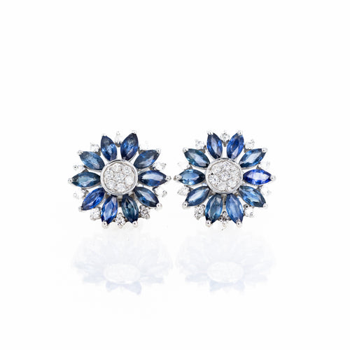 14K White Gold Marquise Blue Sapphire Diamond Flower Stud Earrings - Queen May