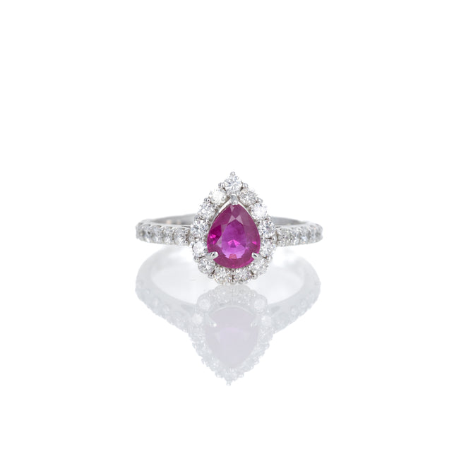 Platinum 1 Carat Pear Burma Ruby Diamond Halo Ring - Queen May