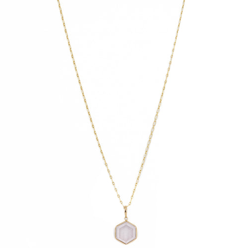 14K Yellow Gold 6.24 Carat Rose Quartz Engraved Hexagon Pendant Necklace - Queen May