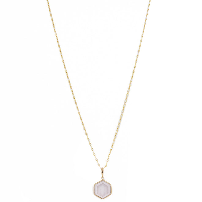 14K Yellow Gold 6.24 Carat Rose Quartz Engraved Hexagon Pendant Necklace - Queen May