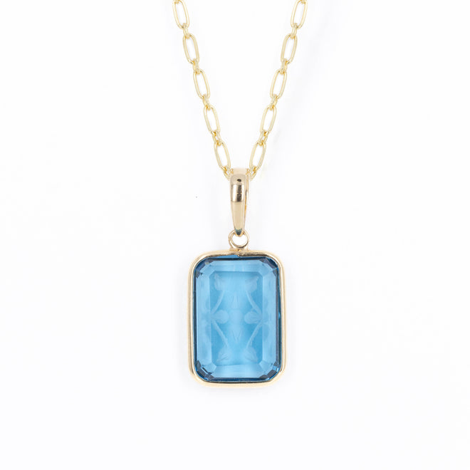 14K Yellow Gold 7.99 Carat Swiss Blue Topaz Engraved Pendant Necklace - Queen May