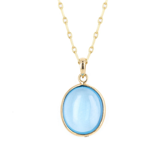 14K Yellow Gold 1.31 Carat Cabochon Swiss Blue Topaz Pendant Necklace - Queen May