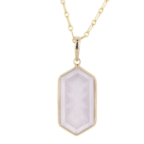 14K Yellow Gold 8.56 Carat Rose Quartz Engraved Pendant Necklace - Queen May