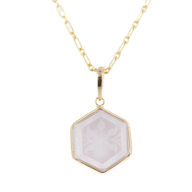 14K Yellow Gold 6.24 Carat Rose Quartz Engraved Hexagon Pendant Necklace - Queen May