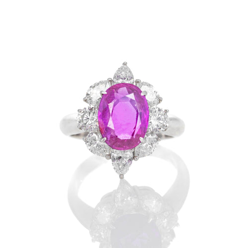 Platinum 3.21 Carat Oval Pink Sapphire Diamond Halo Ring - Queen May