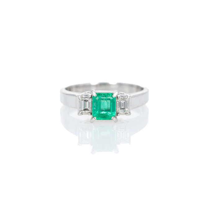 Platinum 0.63 Carat Emerald Diamond Three Stone Ring - Queen May