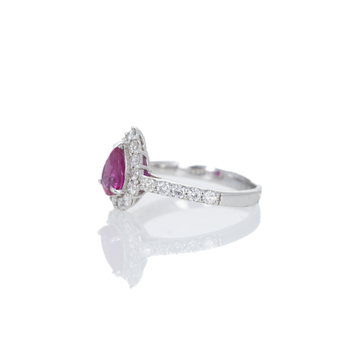 Platinum 1 Carat Pear Burma Ruby Diamond Halo Ring - Queen May