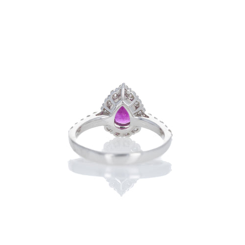 Platinum 1 Carat Pear Burma Ruby Diamond Halo Ring - Queen May