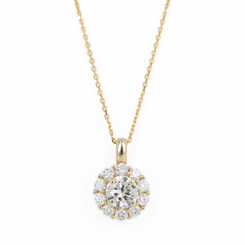 14K Yellow Gold 1.65 Carat Round Diamond Halo Pendant Necklace - Queen May