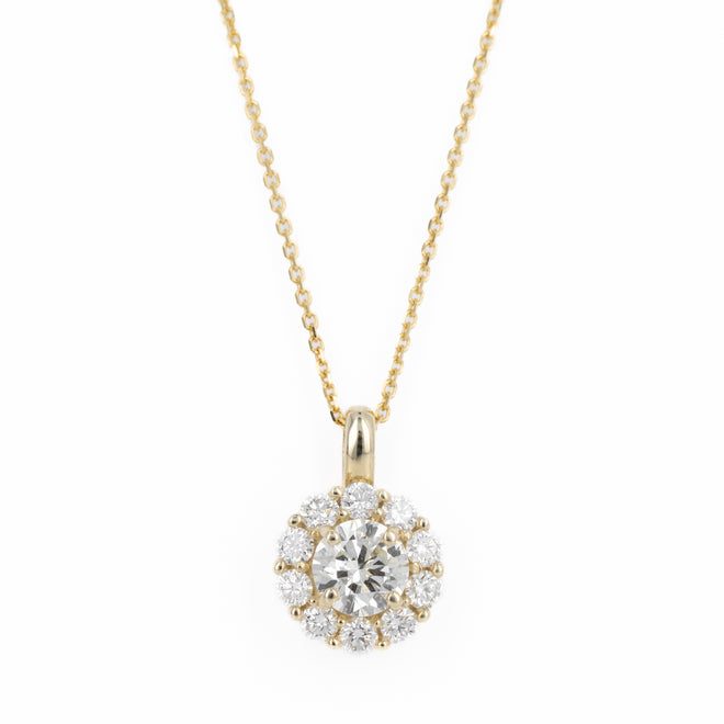 14K Yellow Gold 1.65 Carat Round Diamond Halo Pendant Necklace - Queen May